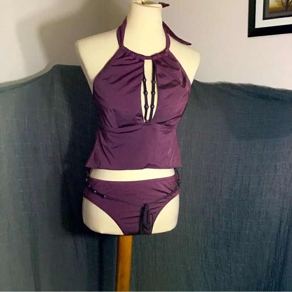 Perry Ellis Burgandy Tankini Size M/L - Picture 2 of 9